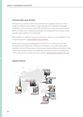 Ambition – Australia Market Trends 2H 2014
30
Community and Events
Ambition host a series of client and candidate events globally each year. These
range from Women with Ambition, Sporting Ambition and Market Knowledge
breakfasts to intimate dinners with CFOs and CIOs from multi-national businesses.
All of our events aim to educate, be thought provoking and entertaining as well as
provide a great platform for networking.
We would love to welcome you to our next event, please visit our website for a list
of upcoming events: www.ambition.com.au/events
We are passionate about building better futures for our community and have
subsequently partnered with the Beacon Foundation, a non-profit organisation
working in around 130 secondary schools across Australia. Beacon Foundation help
inspire and motivate students to enable the successful transition to employment,
further education or training. Visit their website: www.beaconfoundation.com.au
Global Reach
 