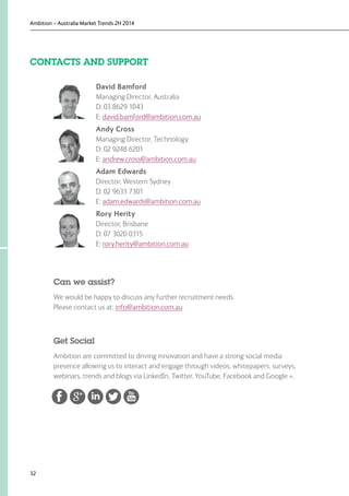 Ambition – Australia Market Trends 2H 2014
32
CONTACTS AND SUPPORT
David Bamford
Managing Director, Australia
D: 03 8629 1043 
E: david.bamford@ambition.com.au
Andy Cross
Managing Director, Technology
D: 02 9248 6201
E: andrew.cross@ambition.com.au
Adam Edwards
Director, Western Sydney
D: 02 9633 7301 
E: adam.edwards@ambition.com.au
Rory Herity
Director, Brisbane
D: 07 3020 0315 
E: rory.herity@ambition.com.au
Can we assist?
We would be happy to discuss any further recruitment needs.
Please contact us at: info@ambition.com.au
Get Social
Ambition are committed to driving innovation and have a strong social media
presence allowing us to interact and engage through videos, whitepapers, surveys,
webinars, trends and blogs via LinkedIn, Twitter, YouTube, Facebook and Google +.
 