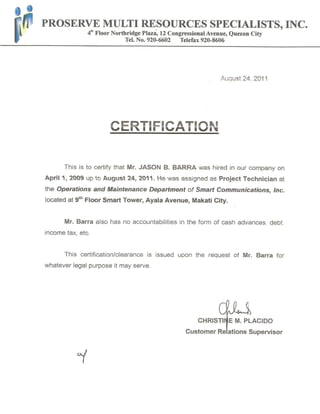 Smart Communication Inc, Certificate of Employment