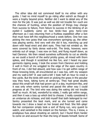 The other idea did not commend itself to me either with any
gusto. I had no mind myself to go riding after ostrich as though it
were a trophy beyond price. Neither did I want to detail any of the
men for the job. It was just as well we did not trouble for—such are
the chances of hunting, when the position of things may change
from success to failure, from failure to success in the blinking of an
eyelid—I suddenly came on two birds—two grey hens—one
afternoon as I was returning from a fruitless expedition after a lion
that must have left the neighbourhood a week before. One hen was
picking the new grass that was everywhere springing up, the other
was playing sentry. And very well she did it too, marching up and
down with head erect and alert eyes. They had not winded us. We
were covered by fairly dense wait-a-bit. The birds, however, were
entirely out of range. I was now on foot, and flung myself down, as
had Clarence. We then raised ourselves sufficiently to cut as silently
as we could a bunch of the awful prickly grass, all mixed with thorn
spikes, and though it scratched me like fun, and I heard my poor
garments ripping away, I took the screen from Clarence and holding
it well in front of me wriggled to the edge of the open country in
front of me. I did feel absurd, and how was I to get within range of
those knowing birds, all encumbered as I was too, with my weapon
and my wait-a-bit? It was wait-a-bit! I took half an hour to crawl a
few yards. But the birds still went on picking the grass in the peculiar
way they have, taking turns at sentry-go. They had great doubts
about this small tuft that had grown up in a day, mushroom-like, and
it was only when sentry turned and paced the other way I could
progress at all. The bird who was doing the eating did not trouble
itself so much. At last, wonderful to relate, I really got within range,
and then it was a toss up which bird to choose. I really considered it
an embarras de richesse, and told myself that both belonged to me!
Sentry presented the best mark, and as she turned and came
towards me I drew a bead on her breast and fired. She fell—plop!
But her companion simply took a sort of flying run, very quaint to
watch, and vanished in the instant on the horizon. This is, I know, a
prodigious fuss about shooting an ostrich; but I found them harder
to come on and account for than the king of beasts himself. Some of
 