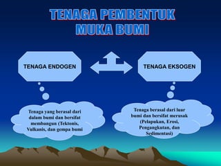 TENAGA ENDOGEN TENAGA EKSOGEN
Tenaga yang berasal dari
dalam bumi dan bersifat
membangun (Tektonis,
Vulkanis, dan gempa bumi
Tenaga berasal dari luar
bumi dan bersifat merusak
(Pelapukan, Erosi,
Pengangkutan, dan
Sedimentasi)
 