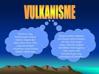 Peristiwa yang
berhubungan dengan
naiknya magma dari
dalam perut bumi. Ilmu
yang mempelajari
vulkanisme secara khusus
disebut vulkanologi
Magma adalah campuran
batu-batuan dalam keadaan
cair, liat, serta sangat
panas. Aktivitas magma
disebabkan oleh tingginya
suhu magma dan
banyaknya gas yang
terkandung di dalamnya
 
