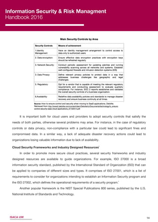 Information Security & Risk Managment
Handbook 2016
ISACA UW 14
4
3
It is important both for cloud users and providers to adopt security controls that satisfy the
needs of both parties, otherwise several problems may arise. For instance, in the case of regulatory
controls or data privacy, non-compliance with a particular law could lead to signiﬁcant ﬁnes and
compromised data. In a similar way, a lack of adequate disaster recovery actions could lead to
organizations losing valuable information due to lack of availability.
Cloud Security Frameworks and Industry Designed Resources
In order to promote more secure cloud practices, several security frameworks and industry
designed resources are available to guide organizations. For example, ISO 27000 is a broad
information security standard, published by the International Standard of Organization (ISO) that can
be applied to companies of diﬀerent sizes and types. It comprises of ISO 27001, which is a list of
requirements to consider for organizations intending to establish an Information Security program and
the ISO 27002, which deﬁnes the operational requirements of a security program.
Another popular framework is the NIST Special Publications 800 series, published by the U.S.
National Institute of Standards and Technology.
 