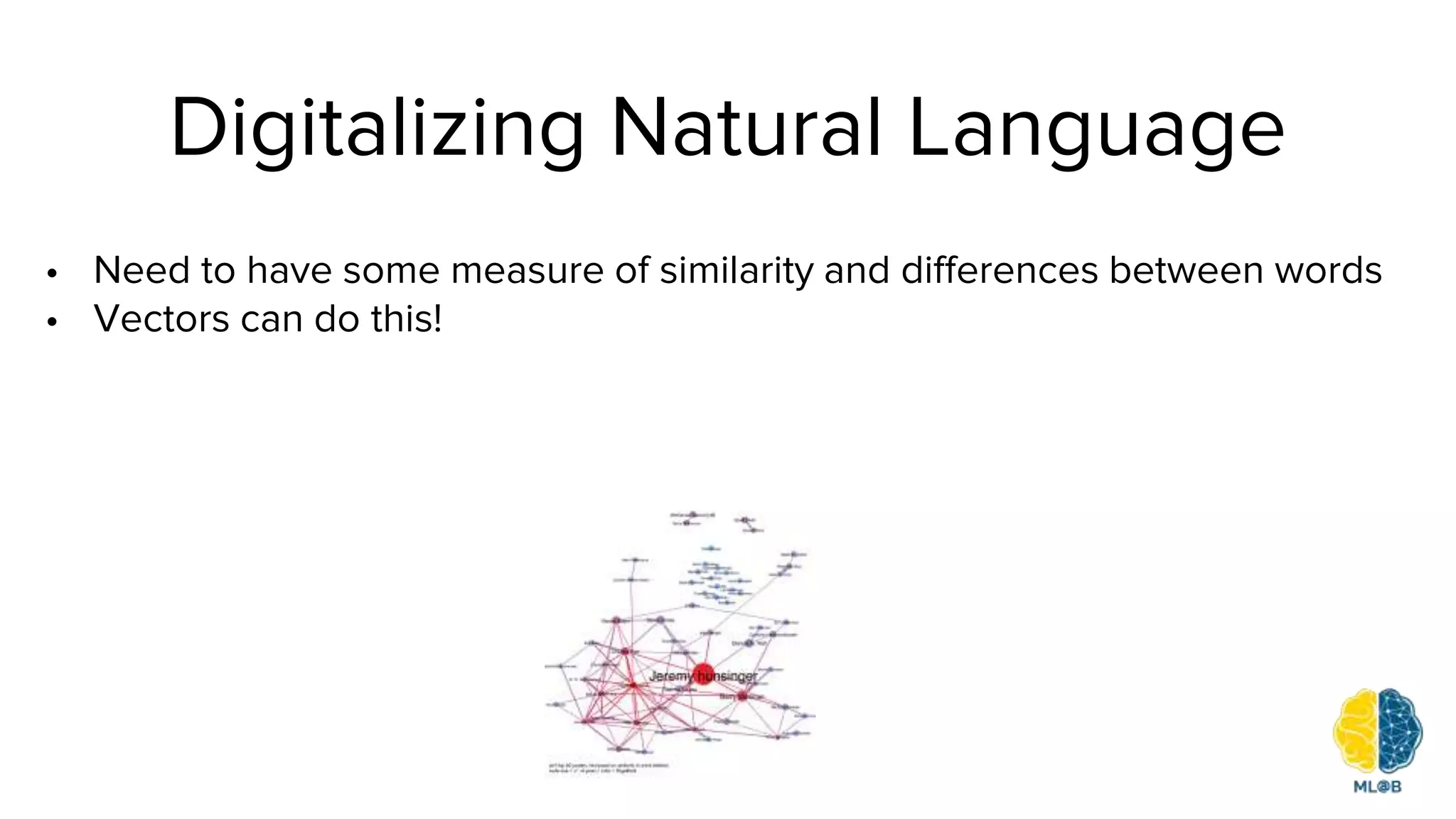 Digitalizing Natural Language
• Need to have some measure of similarity and differences between words
• Vectors can do this!
 