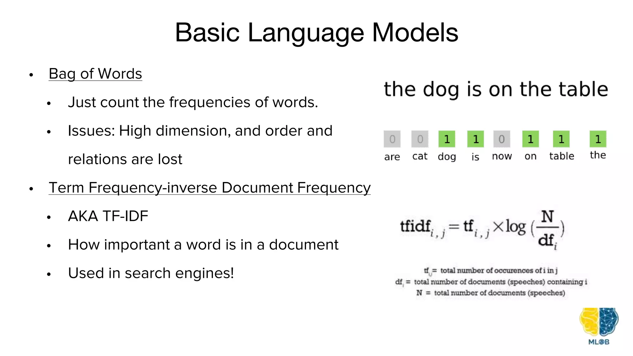 Basic Language Models
• Bag of Words
• Just count the frequencies of words.
• Issues: High dimension, and order and
relations are lost
• Term Frequency-inverse Document Frequency
• AKA TF-IDF
• How important a word is in a document
• Used in search engines!
 