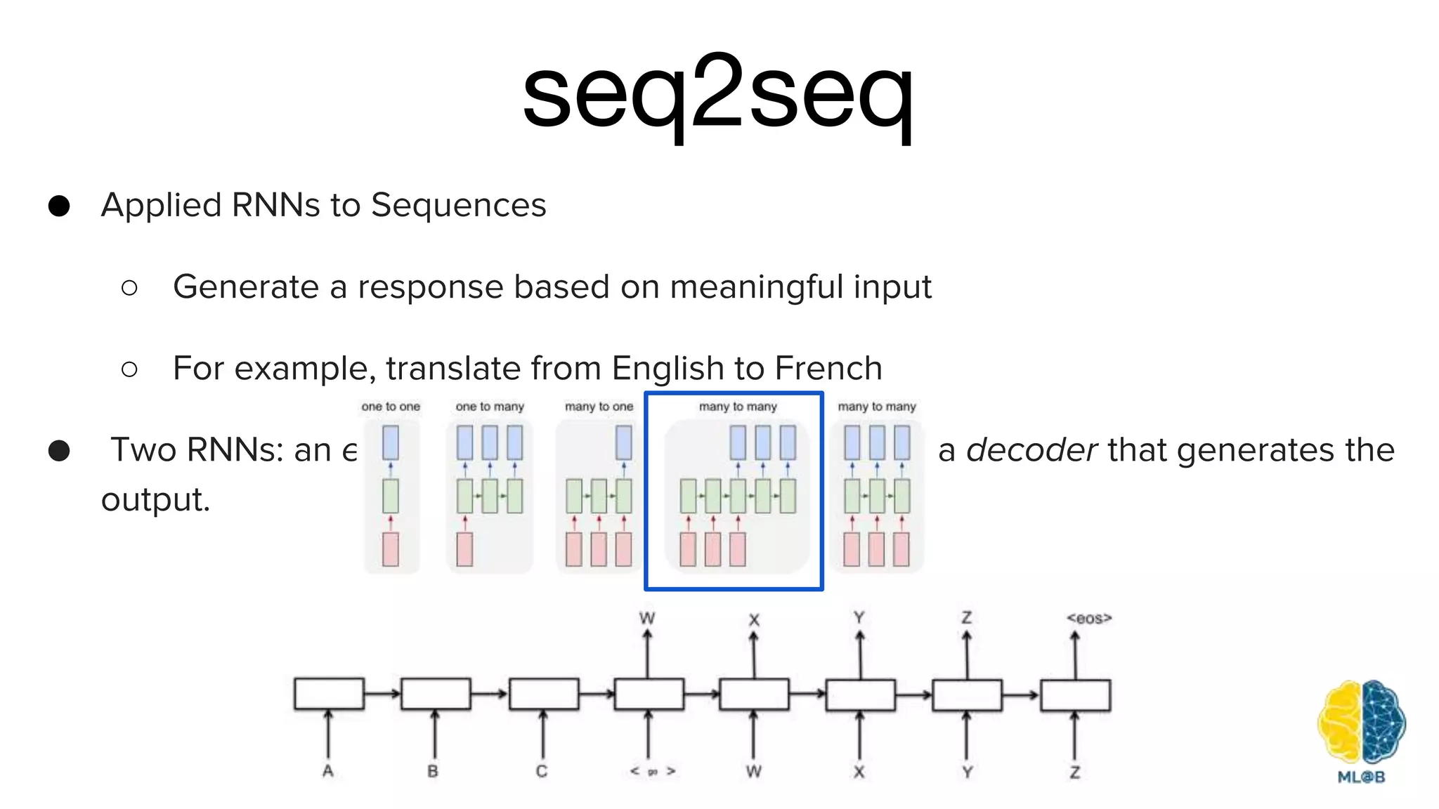 seq2seq
● Applied RNNs to Sequences
○ Generate a response based on meaningful input
○ For example, translate from English to French
● Two RNNs: an encoder that processes the input and a decoder that generates the
output.
 