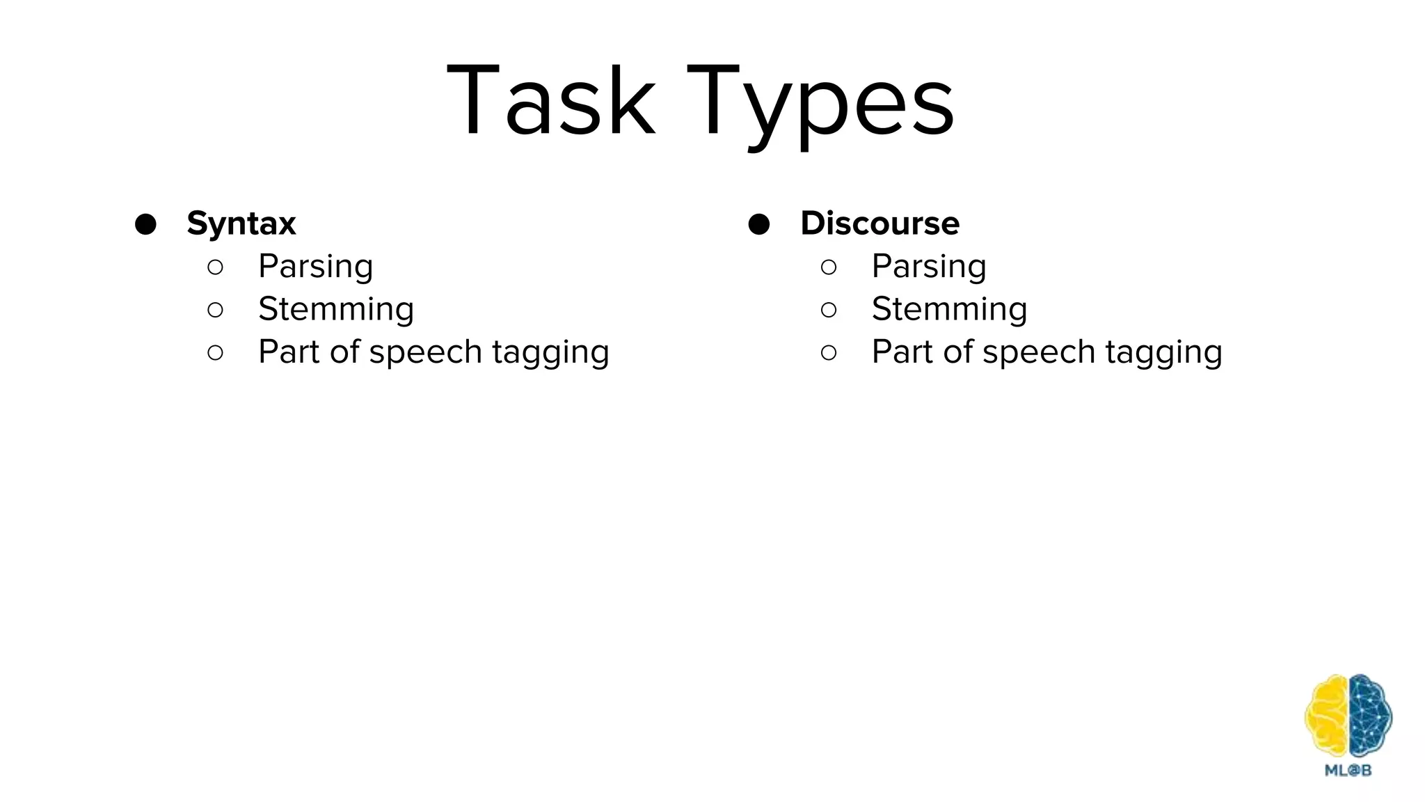 Task Types
● Syntax
○ Parsing
○ Stemming
○ Part of speech tagging
● Discourse
○ Parsing
○ Stemming
○ Part of speech tagging
 