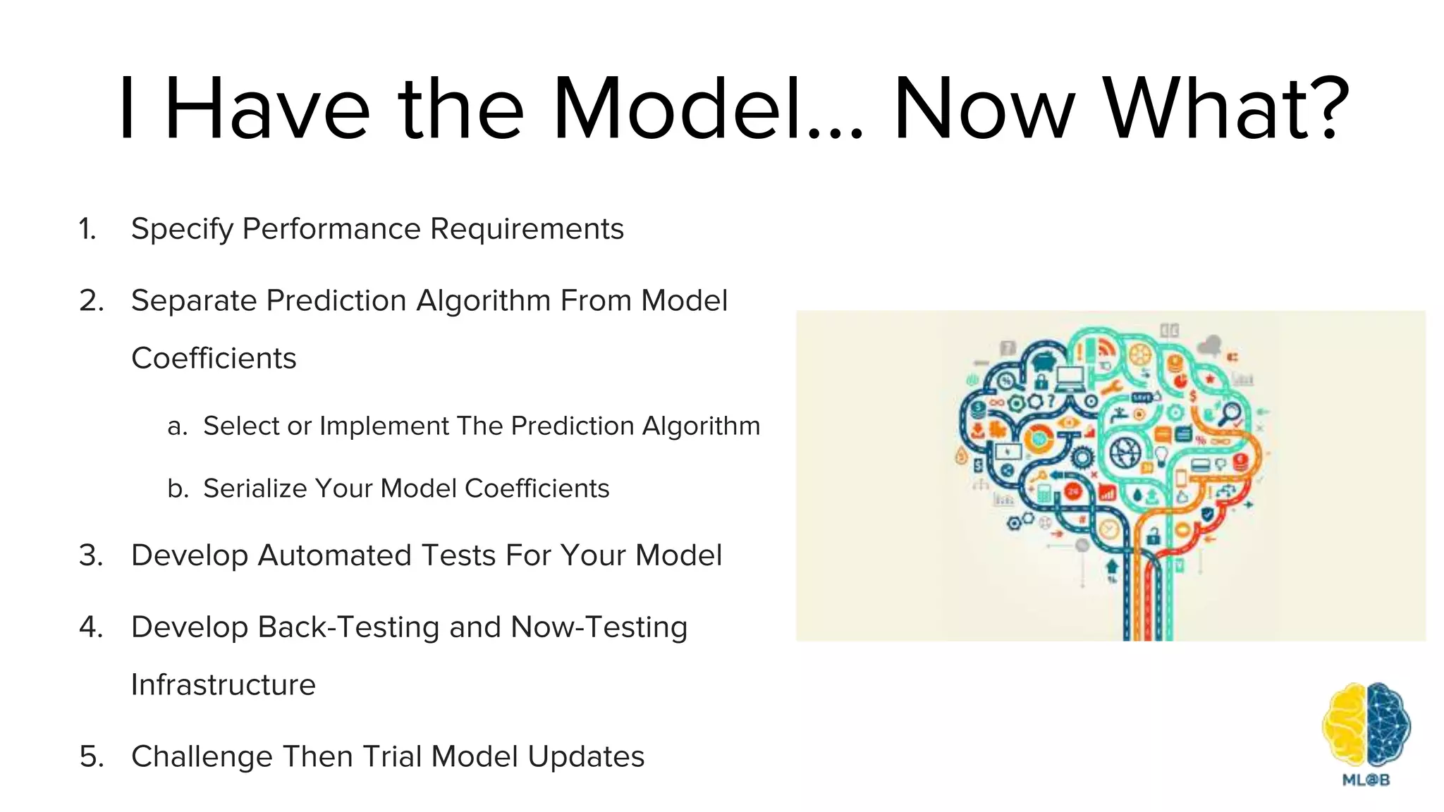 I Have the Model… Now What?
1. Specify Performance Requirements
2. Separate Prediction Algorithm From Model
Coefficients
a. Select or Implement The Prediction Algorithm
b. Serialize Your Model Coefficients
3. Develop Automated Tests For Your Model
4. Develop Back-Testing and Now-Testing
Infrastructure
5. Challenge Then Trial Model Updates
 