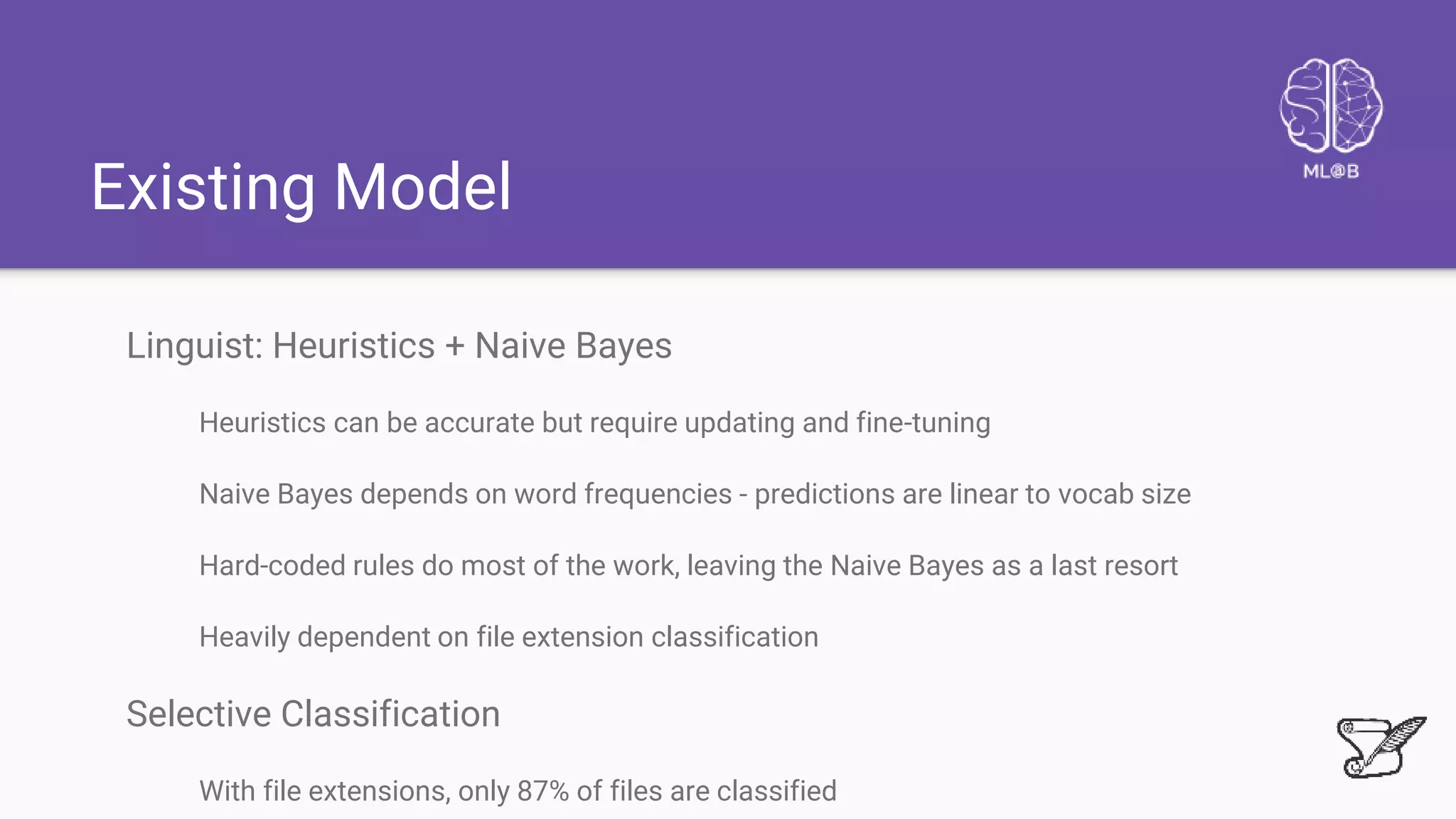 Existing Model
Linguist: Heuristics + Naive Bayes
Heuristics can be accurate but require updating and fine-tuning
Naive Bayes depends on word frequencies - predictions are linear to vocab size
Hard-coded rules do most of the work, leaving the Naive Bayes as a last resort
Heavily dependent on file extension classification
Selective Classification
With file extensions, only 87% of files are classified
 