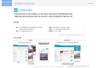 신규 매체 & 신규 광고 상품276
스카이스캐너
국내/외 여행 가이드북, 최저가 호텔비교, 도시 정보 제공 등 다양한 여행 관련 컨텐츠를 제공하는 매체
여행에 관심이 많은 2030대 여성 이용자 다수 보유 중으로, 커뮤니티/지인을 통한 2차 홍보 효과 기대
매체 현황
주요 상품 현황
특징 / 쿠키(30일)를 바탕으로 GDN을 이용한 스카이스캐너
사용자 리타겟팅 광고 집행이 가능
형태 / PC, 모바일 앱 (Android | IOS)
매체력 / 앱 다운로드 수 120만, MAU 200만
타겟팅 / 국가, 언어, 항로, 좌석 등급, 리타겟팅
판매 방식 / CPM, 구좌제
www.nasmedia.co.kr Copyright ⓒ 2000-2017 NASMEDIA Co., LTD. All Rights Reserved.
CPM 18,000원
메인을 제외한 전 영역 롤링 노출
* 매체 현황은 11월 기준이며, 매체에서 제공한 자료 기반으로 작성
네이티브 애드1)
API 연동을 통한 실시간 가격을 검색 결과 첫번째로 노출
1. 다이나믹 배너 CPM 27,000원
2. 인라인 배너 CPM 6,500원
DA 배너
앱/웹 검색 결과 하단 노출
1) 네이티브 애드 상품의 경우, 여행 업종에 한해 집행 가능
* 모바일 통합 집행시 단가이며, 디바이스별 단독 집행시 단가 상이
2
1
 