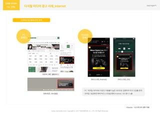 276 디지털 미디어 광고 사례_Internet
디바이스별 매체 운영 전략
www.nasmedia.co.kr Copyright ⓒ 2017 NASMEDIA Co., LTD. All Right Reserved
*Source : 나스미디어 내부 자료
- PC: 빅포털 네이버와 직장인 이용률이 높은 네이트온 집행하여 타깃 도달률 증대
- 모바일: 잠금화면 매체 버즈스크린을 통해 Android, iOS 동시 노출
Mobile
캠페인
[버즈스크린_Android] [버즈스크린_iOS]
[네이버_메인_롤링보드]
PC
캠페인
[네이트온_시보 팝업]
 