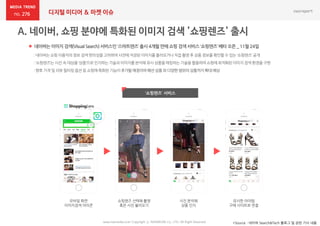 디지털 미디어 & 마켓 이슈276
 네이버는 이미지 검색(Visual Search)서비스인 ‘스마트렌즈’ 출시 4개월만에 쇼핑 검색 서비스 ‘쇼핑렌즈’ 베타 오픈 _ 11월 24일
*Source : 네이버 Search&Tech 블로그 및 관련 기사 내용www.nasmedia.co.kr Copyright ⓒ NASMEDIA Co., LTD. All Right Reserved
:네이버는쇼핑이용자의정보 검색편의성을고려하여사전에저장된이미지를불러오거나직접촬영후 상품정보를확인할수 있는‘쇼핑렌즈’공개
:‘쇼핑렌즈’는사진 속대상을‘상품’으로인지하는기술과이미지를분석해유사상품을매칭하는기술을활용하여쇼핑에최적화된이미지검색환경을구현
:향후가격 및리뷰필터링옵션등 쇼핑에특화된기능이추가될예정이며패션상품외다양한범위의상품까지확대예상
쇼핑렌즈 선택해 촬영
혹은 사진 불러오기
모바일 화면
이미지검색 아이콘
사진 분석해
상품 인지
유사한 아이템
구매 사이트로 연결
‘쇼핑렌즈’ 서비스
 