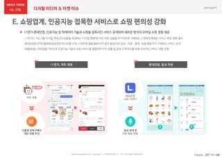 276 디지털 미디어 & 마켓 이슈
 11번가-롯데닷컴, 인공지능 및 빅데이터 기술과 쇼핑을 접목시킨 서비스 공개하며 새로운 방식의 모바일 쇼핑 경험 제공
*Source : 관련 기사 내용www.nasmedia.co.kr Copyright ⓒ NASMEDIA Co., LTD. All Right Reserved
:11번가는지난 3월디지털카테고리상품을추천하는‘디지털챗봇’에이어,마트상품을주기적으로구매하는고객에게특화된서비스‘마트 챗봇’출시
:롯데닷컴은KT와 협력해음성주문테스트를시작,스마트폰앱을통해터치없이음성으로‘검색 –주문–결제-당일배송’까지구현되는서비스공개
:유통업체는모바일을기반으로인공지능기술과쇼핑서비스를결합하여수익 창출및잠재고객유도를위해지속적인서비스개발진행
다품종 반복구매자
대상 상품 추천
마트 챗봇
음성주문
with 사만다
음성 검색 후
주문-배송 연동
11번가, 마트 챗봇 롯데닷컴, 음성 주문
 