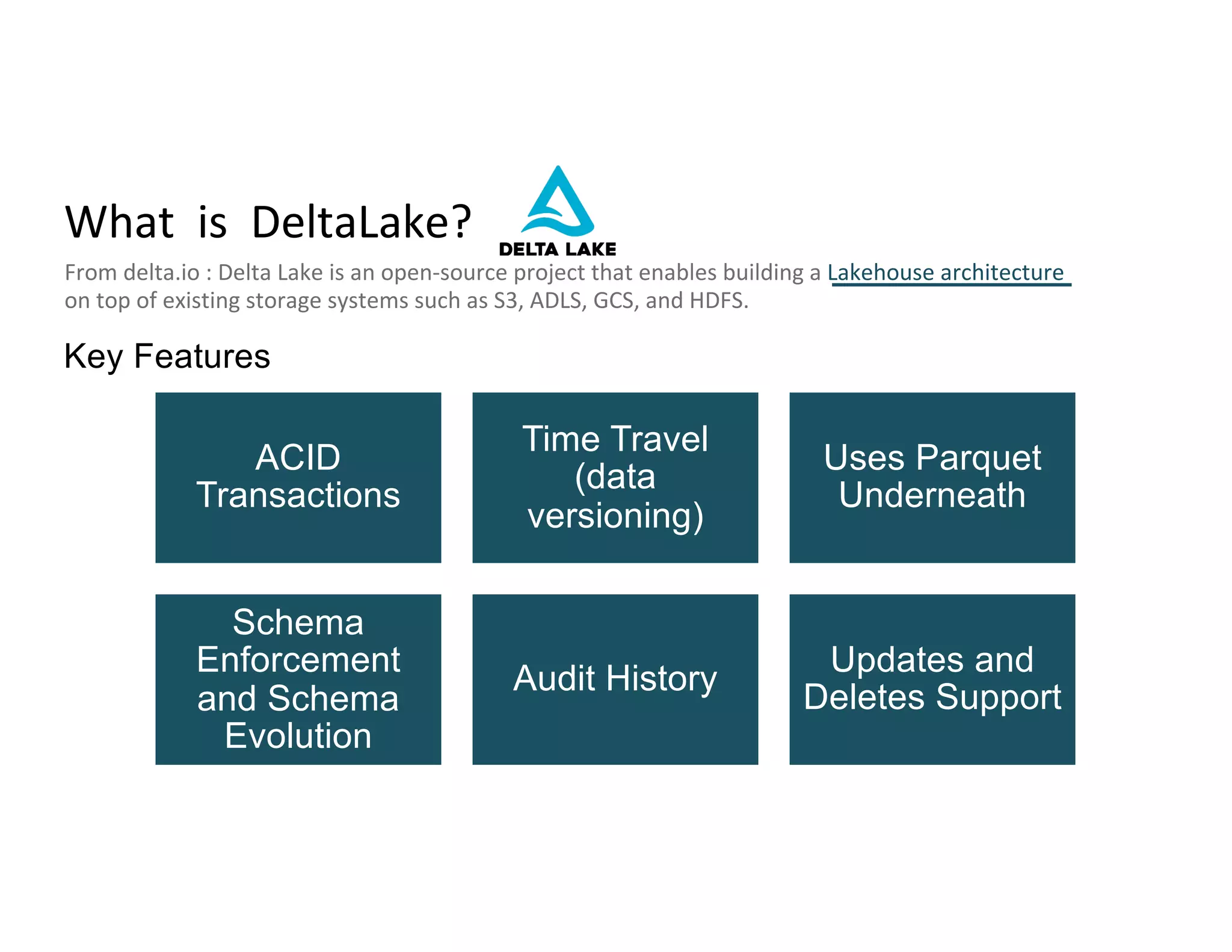 What is DeltaLake?
From delta.io : Delta Lake is an open-source project that enables building a Lakehouse architecture
on top of existing storage systems such as S3, ADLS, GCS, and HDFS.
ACID
Transactions
Time Travel
(data
versioning)
Uses Parquet
Underneath
Schema
Enforcement
and Schema
Evolution
Audit History
Updates and
Deletes Support
Key Features
 