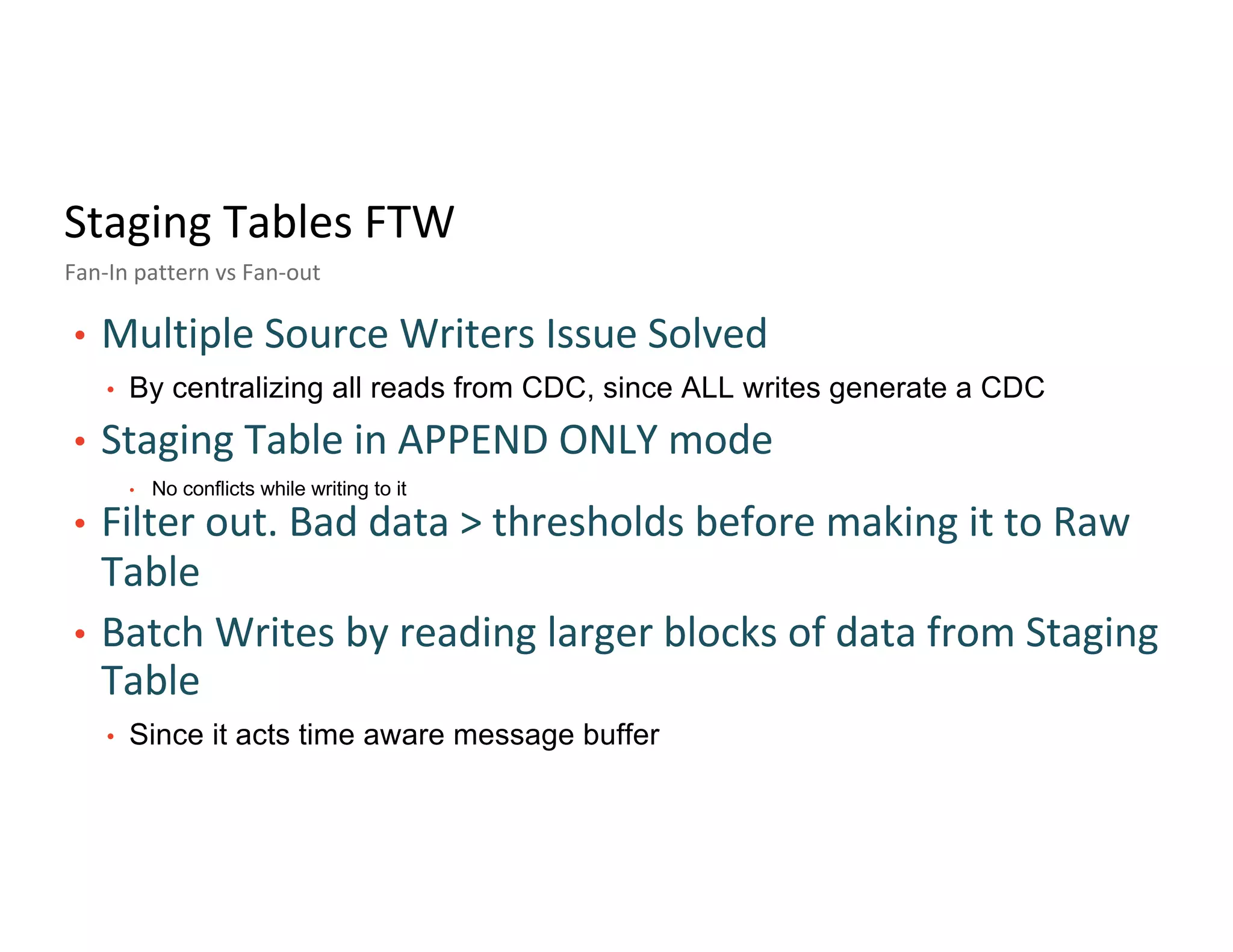 Staging Tables FTW
Fan-In pattern vs Fan-out
• Multiple Source Writers Issue Solved
• By centralizing all reads from CDC, since ALL writes generate a CDC
• Staging Table in APPEND ONLY mode
• No conflicts while writing to it
• Filter out. Bad data > thresholds before making it to Raw
Table
• Batch Writes by reading larger blocks of data from Staging
Table
• Since it acts time aware message buffer
 