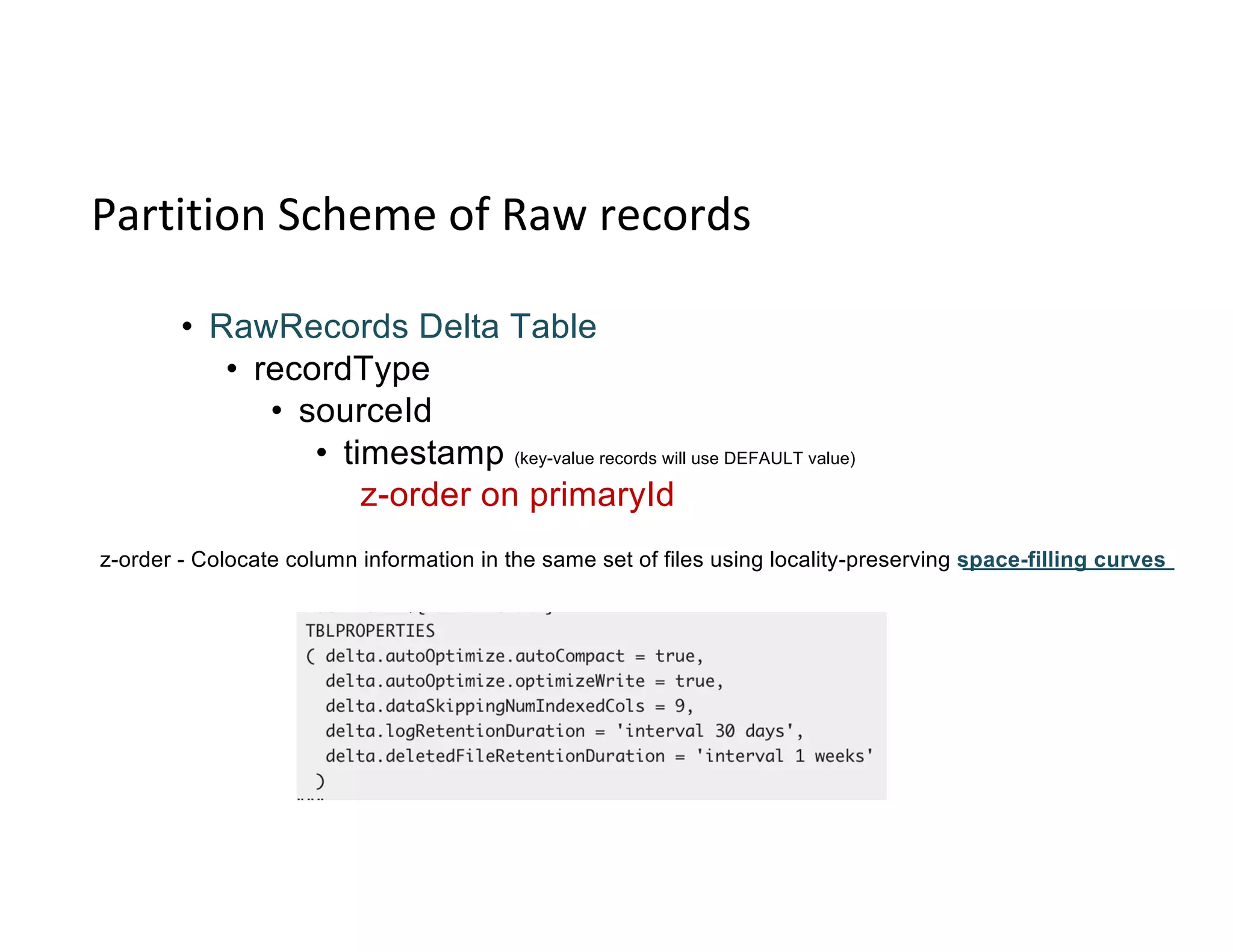 Partition Scheme of Raw records
• RawRecords Delta Table
• recordType
• sourceId
• timestamp (key-value records will use DEFAULT value)
z-order on primaryId
z-order - Colocate column information in the same set of files using locality-preserving space-filling curves
 