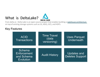 What is DeltaLake?
From delta.io : Delta Lake is an open-source project that enables building a Lakehouse architecture
on ...