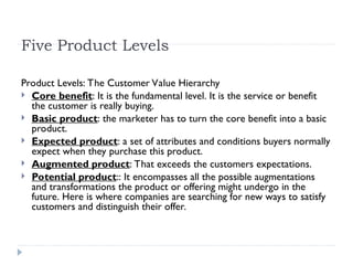 Five Product Levels
Product Levels: The Customer Value Hierarchy
 Core benefit: It is the fundamental level. It is the service or benefit
the customer is really buying.
 Basic product: the marketer has to turn the core benefit into a basic
product.
 Expected product: a set of attributes and conditions buyers normally
expect when they purchase this product.
 Augmented product: That exceeds the customers expectations.
 Potential product:: It encompasses all the possible augmentations
and transformations the product or offering might undergo in the
future. Here is where companies are searching for new ways to satisfy
customers and distinguish their offer.
 