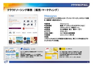 クラウドをリアルに
                                                           クラウドをリアルに。

クラウドソーシング事例 （販売・マーケティング）

                                 99designes
                                 Webとロゴデザインに特化したオープンコンペサービス。ロゴコンペを開
                                 き、優勝者へ賞金を支払う。

                                  提供者         99designes
                                  活用領域        販売・マーケティング（ロゴデザインなど）
                                  収益源         リスティング$39、賞金の15%
                                  利用者         中小事業者、個人 累計4.7万PJ
                                  クラウド        クリエーター
                                  支払（報酬）      コンペ形式の成果報酬
                                  流通額         $603,954/10年5月
                                  特長
                                 1プロジェクトあたり90件程度の応募がある。常に500件を超えるプロ
                                 ジェクトがレディの状態。




                 by リート                              by リクルート

      ロゴ・Web制作などの国産お仕事マーケットプレイ                バナー制作に特化。制作から１歩踏み込み、効果
      スサービス。                                  （クリック率）の高いバナーをランキングし、期間内
      受託者から成果報酬×10～20%の手数料                    上位の制作者に報酬が支払われる仕組み。最大
      流通総額1.6億円、依頼約7千件、提案20万件、                5万円（ポイント支払）
      ランサー2.5万人（10年6月）                        クリエーター1.2万人、バナー5.4万（10年6月）



                                                                           6
 