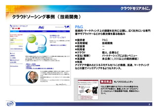 クラウドをリアルに
                                      クラウドをリアルに。

クラウドソーシング事例 （技術開発）

                P&G
                技術的・マーケティング上の課題を社外に公開し、広く社外にいる専門
                家やサプライヤーなどから解決策を募る取組み

                 提供者        P&G
                 活用領域       技術開発
                 収益源        －
                 利用者        －
                 クラウド       個人、企業など
                 支払（報酬）     パートナーシップによるレベニュー
                 流通額        未公表（1,000以上の契約締結）
                 特長
                アイデアや優れたビジネスモデルをP&Gが商標、流通、マーケティング
                などの面でバックアップするようなスタンス。




                                  モノづくりコミュニティ

                           くらしに関する様々なプロジェクトから商品そのも
                           のアイデアを得たり、募集したモニターからのアン
                           ケートなどによって商品開発や改良、再販を行なっ
                           ていく。




                                                     5
 