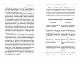 68 IMMANUEL KANT
a definição da sensação como "efeito" do objeto gera di­
ficuldades internas à crítica, as quais, já segundo a opi­
nião de F. H Jacobi, Fichte e Schelling, não podem ser
superadas sem ir além da Crítica.
Com o reconhecimento da sensibilidade, Kant dá ra­
zão ao empirismo em sua concepção fundamental de que
o conhecimento humano necessita de algo previamente
dado, e rejeita um racionalismo puro. Com a constatação
da necessidade do entendimento, Kant dá razão à idéia
do racionalismo, segundo a qual não há nenhum conhe­
cimento sem o pensamento, e critica um empirismo puro;
em termos modernos: Kant se manifesta contra a sepa­
ração rigorosa entre linguagem de observação e lingua­
gem de teoria, já que todo conhecimento, até o saber co­
tidiano, contém elementos teóricos (conceituais): "Sem
sensibilidade nenhum objeto nos seria dado, e sem en­
tendimento nenhum seria pensado. Pensamentos sem
conteúdo são vazios, intuições sem conceitos são cegas"
(B 75; cf. B 33).
Com a distinção de duas fontes de conhecimento
interdependentes, Kant nega a idéia de Leibniz de uma
diferença meramente gradual entre sensibilidade e en­
tendimento. Ao contrário de Leibniz, ele não considera a
intuição como um pensar imperfeito que carece de clari­
dade. Na realidade, diz Kant, a intuição tem outra origem;
ela provém da sensibilidade, isto é, de uma fonte inde­
pendente do entendimento e imprescindível para todo
conhecimento. O desconhecimento desse fato forma, se­
gundo Kant, a base da metafísica leibniziana, e o escla­
recimento deste desconhecimento a sua refutação.
(3) Na segunda parte da Analítica transcendental,
Kant investiga, como outra faculdade cognitiva, a facul­
dade do juízo, isto é, a capacidade de subsumir (conceitos
do entendimento) sob regras.
O QUE POSSO SABER?A CRÍTICA DA RAZÃO PURA 69
Em todas as três faculdades, indispensáveis para o
conhecimento humano, Kant encontra um elemento não­
empírico: na sensibilidade, as formas puras da intuição,
o espaço e o tempo; no entendimento, os conceitos puros
do entendimento, as categorias; no Juízo, os esquemas
transcendentais e os princípios do entendimento puro.
Sinopse das três faculdades do conhecimento
Sensibilidade Entendimento
O objeto é dado por meio de O objeto, uma multiplicidade
uma afecção do ânimo. indeterminada da intuição, é
pensado, ou seja, determinado.
A capacidade do ânimo de ser
afetado se chama sensibilidade
(receptividade). O efeito exer­
cido pelo objeto, a matéria da
sensibilidade, se chama sen­
sação.
A relação com o objeto me­
diante a sensação chama-se
empírica (a posteriori).
O objeto indeterminado (con­
ceitualmente) de uma intuição
empírica é of
enômeno.
A capacidade de determinar o
objeto, ou seja, de produzir
representações por si mesmo
(espontaneamente), se chama
entendimento, a faculdade dos
conceitos (regras).
A relação com o objeto me­
diante as categorias do en­
tendimento se chama pura (a
priori).
O objeto [Gegenstand] como fe­
nômeno determinado pelo en­
tendimento se chama objeto
[Objekt].
As formaspuras daintuição são Os conceitos puros do enten-
o espaço e o tempo. dimento são as categorias.
 