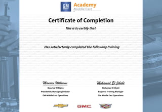 Certificate of Completion
This is to certify that
Has satisfactorily completed the following training
Maurice Williams
Maurice Williams
President & Managing Director
GM Middle East Operations
Mohamad El Jibahi
Mohamad El Jibahi
Regional Training Manager
GM Middle East Operations
02/01/2011
Ahmed Abdellhadi
VB100.01W
Fundamental Automotive Systems Training
(F.A.S.T.)
 