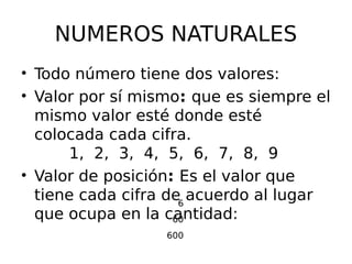 NUMEROS NATURALES
• Todo número tiene dos valores:
• Valor por sí mismo: que es siempre el
mismo valor esté donde esté
colocada cada cifra.
1, 2, 3, 4, 5, 6, 7, 8, 9
• Valor de posición: Es el valor que
tiene cada cifra de acuerdo al lugar
que ocupa en la cantidad:
6
60
600
 