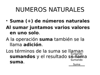 NUMEROS NATURALES
• Suma (+) de números naturales
Al sumar juntamos varios valores
en uno solo.
A la operación suma también se la
llama adición.
Los términos de la suma se llaman
sumandos y el resultado se llama
suma.
Sumando
+ Sumando
Sumando
Suma
 
