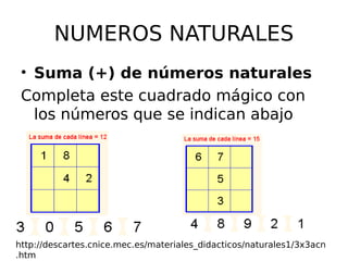 NUMEROS NATURALES
• Suma (+) de números naturales
Completa este cuadrado mágico con
los números que se indican abajo
http://descartes.cnice.mec.es/materiales_didacticos/naturales1/3x3acn
.htm
 
