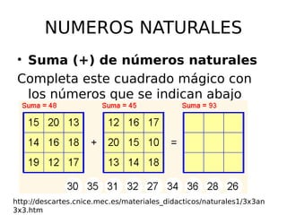 NUMEROS NATURALES
• Suma (+) de números naturales
Completa este cuadrado mágico con
los números que se indican abajo
http://descartes.cnice.mec.es/materiales_didacticos/naturales1/3x3an
3x3.htm
 