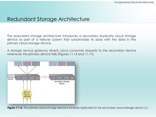 Fundamental Cloud Architectures
Redundant Storage Architecture
The redundant storage architecture introduces a secondary duplicate cloud storage
device as part of a failover system that synchronizes its data with the data in the
primary cloud storage device.
A storage service gateway diverts cloud consumer requests to the secondary device
whenever the primary device fails (Figures 11.16 and 11.17).
Figure 11.16. The primary cloud storage device is routinely replicated to the secondary cloud storage device (1).
 