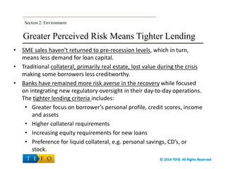 Greater Perceived Risk Means Tighter Lending
• SME sales haven’t returned to pre-recession levels, which in turn,
means less demand for loan capital.
• Traditional collateral, primarily real estate, lost value during the crisis
making some borrowers less creditworthy.
• Banks have remained more risk averse in the recovery while focused
on integrating new regulatory oversight in their day-to-day operations.
The tighter lending criteria includes:
• Greater focus on borrower’s personal profile, credit scores, income
and assets
• Higher collateral requirements
• Increasing equity requirements for new loans
• Preference for liquid collateral, e.g. personal savings, CD’s, or
stock.
Section 2: Environment
 