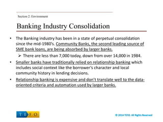 Banking Industry Consolidation
• The Banking industry has been in a state of perpetual consolidation
since the mid-1980’s. Community Banks, the second leading source of
SME bank loans, are being absorbed by larger banks.
 There are less than 7,000 today, down from over 14,000 in 1984.
• Smaller banks have traditionally relied on relationship banking which
includes social context like the borrower’s character and local
community history in lending decisions.
• Relationship banking is expensive and don’t translate well to the data-
oriented criteria and automation used by larger banks.
Section 2: Environment
 