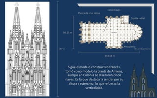 Presbiterio
Capilla radial
Deambulatorio
Planta de cruz latina
Cinco naves
144.58 m
86.25 m
157 m
Sigue el modelo constructivo francés.
tomó como modelo la planta de Amiens,
aunque en Colonia se diseñaron cinco
naves. En la que destaca la central por su
altura y estrechez, lo que refuerza la
verticalidad.
 