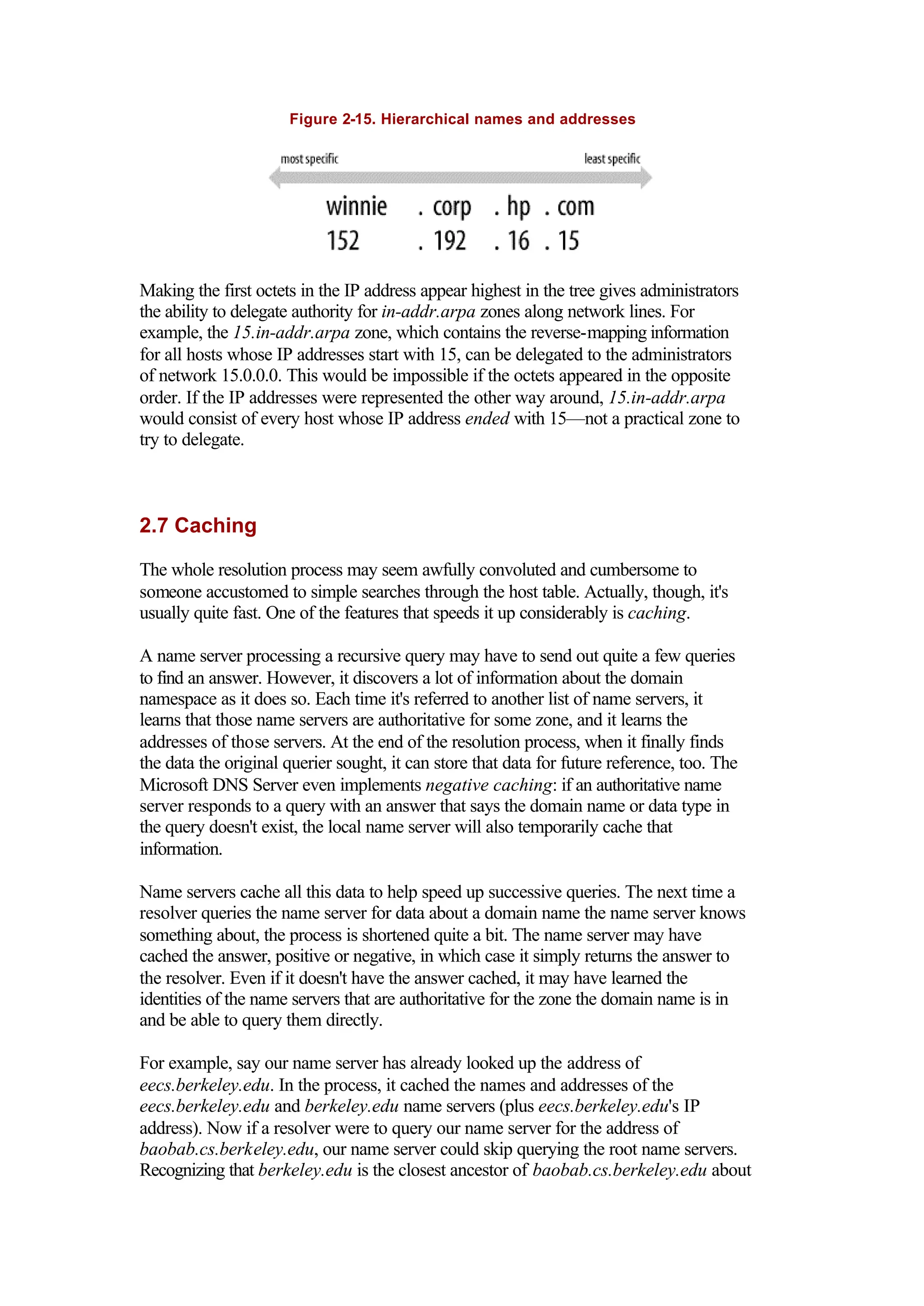 Figure 2-15. Hierarchical names and addresses
Making the first octets in the IP address appear highest in the tree gives administrators
the ability to delegate authority for in-addr.arpa zones along network lines. For
example, the 15.in-addr.arpa zone, which contains the reverse-mapping information
for all hosts whose IP addresses start with 15, can be delegated to the administrators
of network 15.0.0.0. This would be impossible if the octets appeared in the opposite
order. If the IP addresses were represented the other way around, 15.in-addr.arpa
would consist of every host whose IP address ended with 15—not a practical zone to
try to delegate.
2.7 Caching
The whole resolution process may seem awfully convoluted and cumbersome to
someone accustomed to simple searches through the host table. Actually, though, it's
usually quite fast. One of the features that speeds it up considerably is caching.
A name server processing a recursive query may have to send out quite a few queries
to find an answer. However, it discovers a lot of information about the domain
namespace as it does so. Each time it's referred to another list of name servers, it
learns that those name servers are authoritative for some zone, and it learns the
addresses of those servers. At the end of the resolution process, when it finally finds
the data the original querier sought, it can store that data for future reference, too. The
Microsoft DNS Server even implements negative caching: if an authoritative name
server responds to a query with an answer that says the domain name or data type in
the query doesn't exist, the local name server will also temporarily cache that
information.
Name servers cache all this data to help speed up successive queries. The next time a
resolver queries the name server for data about a domain name the name server knows
something about, the process is shortened quite a bit. The name server may have
cached the answer, positive or negative, in which case it simply returns the answer to
the resolver. Even if it doesn't have the answer cached, it may have learned the
identities of the name servers that are authoritative for the zone the domain name is in
and be able to query them directly.
For example, say our name server has already looked up the address of
eecs.berkeley.edu. In the process, it cached the names and addresses of the
eecs.berkeley.edu and berkeley.edu name servers (plus eecs.berkeley.edu's IP
address). Now if a resolver were to query our name server for the address of
baobab.cs.berkeley.edu, our name server could skip querying the root name servers.
Recognizing that berkeley.edu is the closest ancestor of baobab.cs.berkeley.edu about
 