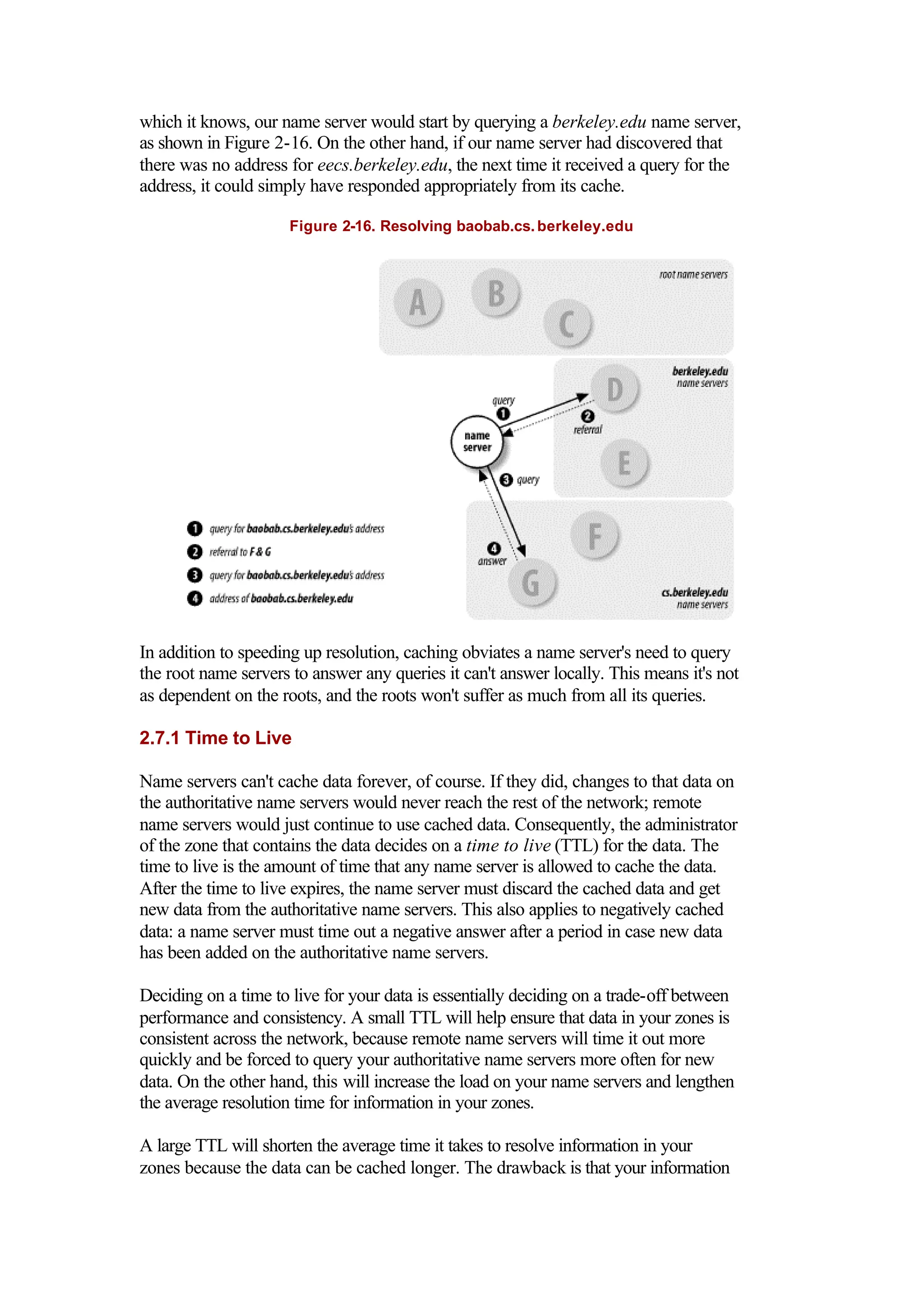 which it knows, our name server would start by querying a berkeley.edu name server,
as shown in Figure 2-16. On the other hand, if our name server had discovered that
there was no address for eecs.berkeley.edu, the next time it received a query for the
address, it could simply have responded appropriately from its cache.
Figure 2-16. Resolving baobab.cs.berkeley.edu
In addition to speeding up resolution, caching obviates a name server's need to query
the root name servers to answer any queries it can't answer locally. This means it's not
as dependent on the roots, and the roots won't suffer as much from all its queries.
2.7.1 Time to Live
Name servers can't cache data forever, of course. If they did, changes to that data on
the authoritative name servers would never reach the rest of the network; remote
name servers would just continue to use cached data. Consequently, the administrator
of the zone that contains the data decides on a time to live (TTL) for the data. The
time to live is the amount of time that any name server is allowed to cache the data.
After the time to live expires, the name server must discard the cached data and get
new data from the authoritative name servers. This also applies to negatively cached
data: a name server must time out a negative answer after a period in case new data
has been added on the authoritative name servers.
Deciding on a time to live for your data is essentially deciding on a trade-off between
performance and consistency. A small TTL will help ensure that data in your zones is
consistent across the network, because remote name servers will time it out more
quickly and be forced to query your authoritative name servers more often for new
data. On the other hand, this will increase the load on your name servers and lengthen
the average resolution time for information in your zones.
A large TTL will shorten the average time it takes to resolve information in your
zones because the data can be cached longer. The drawback is that your information
 
