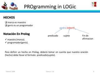 PROgramming in LOGic
HECHOS
  marco es maestro
  geniz es un programador
                                                     piedra (robert).

Notación En Prolog                      predicado        sujeto         Fin de
  maestro (marco).                                                     afirmacion
  programador(geniz).


 Para definir un hecho en Prolog, deberá tomar en cuenta que nuestra oración
 (hecho) debe llevar el formato predicado(sujeto).




 Febrero 2009                         Geniz v. 1.0                                   3
 