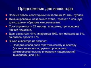 Предложение для инвестора
Полный объем необходимых инвестиций 20 млн. рублей.
Финансирование начального этапа, требует 7 м...