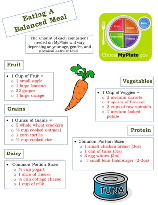 Fruit
 1 Cup of Fruit =
o 1 small apple
o 1 large banana
o 32 grapes
o 1 large orange
The amount of each component
needed on MyPlate will vary
depending on your age, gender, and
physical activity level.
Vegetables
 1 Cup of Veggies =
o 2 medium carrots
o 3 spears of broccoli
o 2 cups of raw spinach
o 1 medium baked
potato
Grains
 1 Ounce of Grains =
o 5 whole wheat crackers
o ½ cup cooked oatmeal
o 1 corn tortilla
o ½ cup cooked rice
Protein
 Common Portion Sizes
o 1 small chicken breast (3oz)
o 1 can of tuna (3oz)
o 3 egg whites (2oz)
o 1 small lean hamburger (2-3oz)
Dairy
 Common Portion Sizes
o ¾ cup yogurt
o 1 slice of cheese
o ½ cup cottage cheese
o 1 cup of milk
 