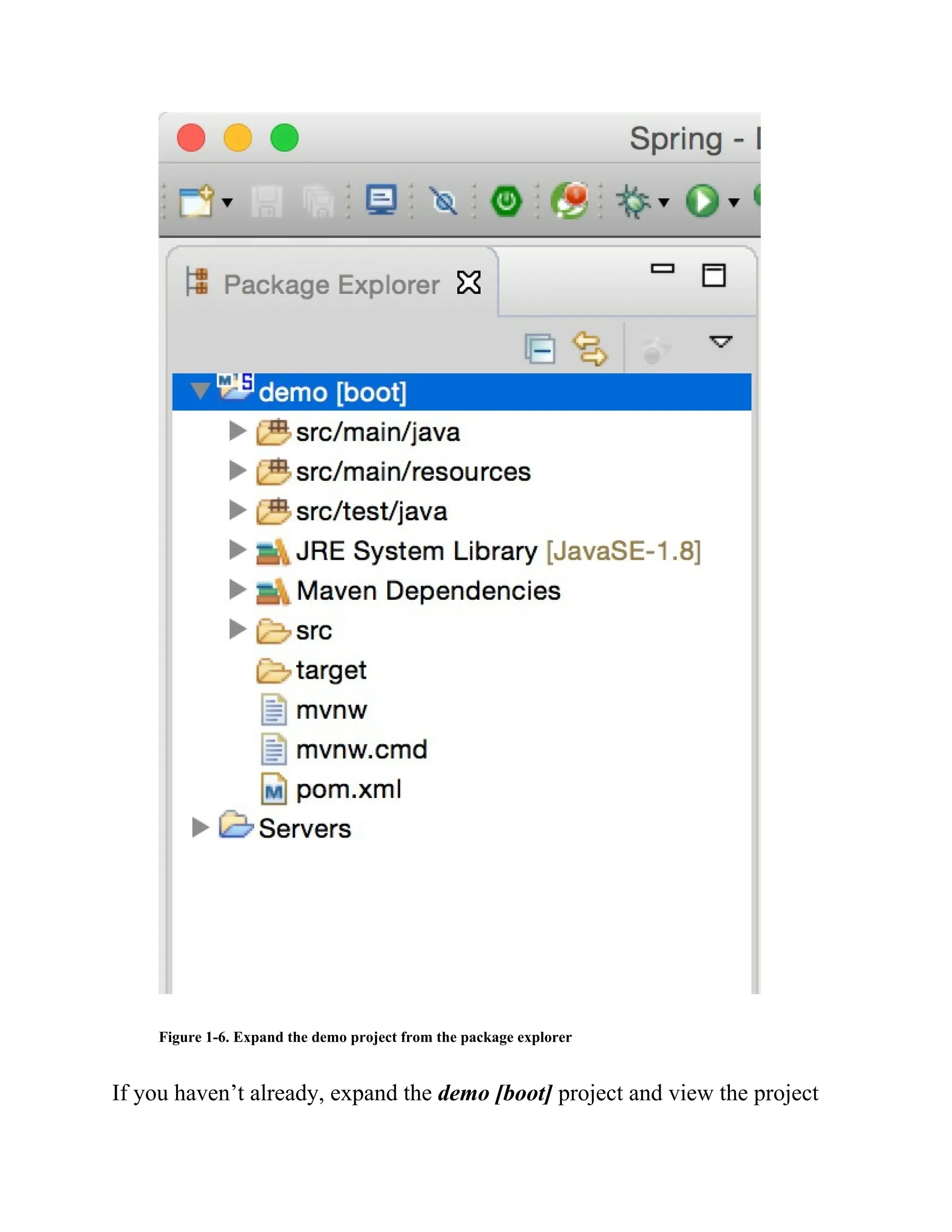 Figure 1-6. Expand the demo project from the package explorer
If you haven’t already, expand the demo [boot] project and view the project
 