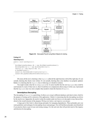 Chapter 4 • Testing
Listing 4-2
TestPayroll
public void testPayroll()
{
MockEmployeeDatabase db = new MockEmployeeDatabase();
MockCheckWriter w = new MockCheckWriter();
Payroll p = new Payroll(db, w);
p.payEmployees();
assert(w.checksWereWrittenCorrectly());
assert(db.paymentsWerePostedCorrectly());
}
Of course all this test is checking is that Payroll called all the right functions with all the right data. It’s not
actually checking that checks were written. It’s not actually checking that a true database was properly updated.
Rather, it is checking that the Payroll class is behaving as it should in isolation.
You might wonder what the MockEmployee is for. It seems feasible that the real Employee class could be
used instead of a mock. If that were so, then I would have no compunction about using it. In this case, I presumed
that the Employee class was more complex than needed to check the function of Payroll.
Serendipitous Decoupling
The decoupling of Payroll is a good thing. It allows us to swap in different databases and check writers, both for
the purpose of testing and for extension of the application. I think it is interesting that this decoupling was driven
by the need to test. Apparently, the need to isolate the module under test forces us to decouple in ways that are ben-
eficial to the overall structure of the program. Writing tests before code improves our designs.
A large part of this book is about design principles for managing dependencies. Those principles give you
some guidelines and techniques for decoupling classes and packages.You will find these principles most beneficial
if you practice them as part of your unit testing strategy. It is the unit tests that will provide much of the impetus
and direction for decoupling.
Figure 4-2 Decoupled Payroll using Mock Objects for testing
Mock
CheckWriter
«interface»
CheckWriter
Mock
Employee
PayrollTest
Payroll
Mock
Employee
Database
+ writeCheck()
«interface»
Employee
+ calculatePay()
+ postPayment()
«interface»
Employee
Database
+ getEmployee
+ putEmployee
26
 