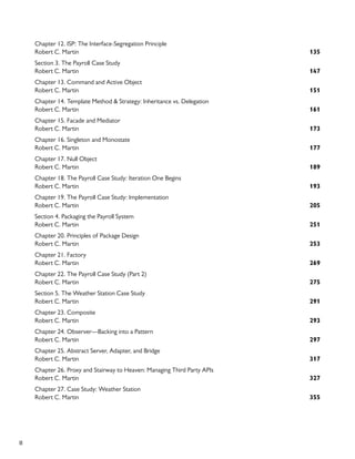 II
Chapter 12. ISP: The Interface-Segregation Principle
135
Robert C. Martin
Section 3. The Payroll Case Study
147
Robert C. Martin
Chapter 13. Command and Active Object
151
Robert C. Martin
Chapter 14. Template Method & Strategy: Inheritance vs. Delegation
161
Robert C. Martin
Chapter 15. Facade and Mediator
173
Robert C. Martin
Chapter 16. Singleton and Monostate
177
Robert C. Martin
Chapter 17. Null Object
189
Robert C. Martin
Chapter 18. The Payroll Case Study: Iteration One Begins
193
Robert C. Martin
Chapter 19. The Payroll Case Study: Implementation
205
Robert C. Martin
Section 4. Packaging the Payroll System
251
Robert C. Martin
Chapter 20. Principles of Package Design
253
Robert C. Martin
Chapter 21. Factory
269
Robert C. Martin
Chapter 22. The Payroll Case Study (Part 2)
275
Robert C. Martin
Section 5. The Weather Station Case Study
291
Robert C. Martin
Chapter 23. Composite
293
Robert C. Martin
Chapter 24. Observer—Backing into a Pattern
297
Robert C. Martin
Chapter 25. Abstract Server, Adapter, and Bridge
317
Robert C. Martin
Chapter 26. Proxy and Stairway to Heaven: Managing Third Party APIs
327
Robert C. Martin
Chapter 27. Case Study: Weather Station
355
Robert C. Martin
 