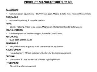 PRODUCT MANUFACTURED BY BEL
BANGALORE
• Communication equipments – HF/VHF Man pack, Mobile & static Trans-receiver/Transmitters
GHAZIABAD
• Antenna for primary & secondary radars
PUNE
• Static 7 Rotating Anode x-ray cables, Magnesium Manganese Dioxide Battery packs
MACHILIPATNAM
• Passive night vision devices- Goggles, Binoculars, Periscopes,
KOTDWARA
• ULSB, BEST, SMART, HART
PANCHKULA
• VHF/UHF Ground to ground to air communication equipment
NAVI MUMBAI
• Hydraulics for T- 72 Tank stabilizers, Shelters for Electronic equipment
CHENNAI
• Gun control & Drive System for Armored Fighting Vehicles
HYDERABAD
• Electronic warfare equipment
 