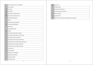23
Habilita /Desabilita régua do WindowMaker
Cria nova janela
Abre janela
Fecha janela
Salva janela corrente para o disco
Salva todas as janela para o disco
Duplica objeto selecionado
Recorta
Copia para área de transferência
Cola da área de transferência
Retorna ação
Avança ação retornada
Imprime
Alinha objetos selecionados à esquerda
Alinha objetos selecionados no meio horizontal
Alinha objetos selecionados à direita
Alinhamento superior de objetos selecionados
Alinhamento no meio vertical de objetos selecionados
Alinhamento inferior de objetos selecionados
Alinhamento central de objetos selecionados
Enviar para trás
Trazer para frente
Espaçamento horizontal igual
Espaçamento vertical igual
Agrupara em símbolo
Desagrupar símbolo
24
Agrupar célula
Desagrupar célula
Girar 90 graus sentido horário
Gerar 90 graus sentido anti-horário
Espelhar horizontal
Espelhar Vertical
Selecionar Wizard, objetos previamente editados e configurados.
 