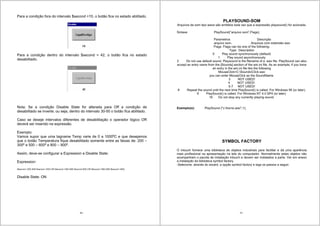 69
Para a condição fora do intervalo $second =10, o botão fica no estado abilitado.
Para a condição dentro do intervalo $second = 42, o botão fica no estado
desabilitado.
Nota: Se a condição Disable State for alterada para Off a condição de
desabilitado se inverte; ou seja, dentro do intervalo 30-50 o botão fica abilitado.
Caso se deseje intervalos diferentes de desabilitação o operador lógico OR
deverá ser inserido na expressão.
Exemplo:
Vamos supor que uma tagname Temp varie de 0 a 1000o
C e que desejamos
que o botão Temperatura fique desabilitado somente entre as faixas de: 200 –
300o
e 500 – 600o
e 800 – 900o
.
Assim, deve-se configurar a Expression e Disable State:
Expression:
($second >200 AND $second <300) OR ($second >500 AND $second 600) OR ($second >800 AND $second <900)
Disable State: ON
70
PLAYSOUND-SOM
Arquivos de som tipo wave são emitidos toda vez que a expressão playsound() for acionada.
Sintaxe PlaySound(“arquivo som”,Flags);
Parametros Descrição
arquivo som. Arquivos com extensão wav
Flags Flags can be one of the following:
Type Description
0 Play sound synchronously (default)
1 Play sound asynchronously
2 Do not use default sound. Playsound is the filename of a .wav file. PlaySound can also
accept an entry name from the [Sounds] section of the win.ini file. As an example, if you have
an entry in the win.ini file like the following
MouseClick=C:SoundsClick.wav
you can enter MouseClick as the SoundName.
3 NOT USED!
4 NOT USED!.
5-7 NOT USED!
8 Repeat the sound until the next time PlaySound() is called. For Windows 95 (or later).
9 PlaySound() is called. For Windows NT 4.0 SP4 (or later).
16 Do not stop any currenlty playing sound.
Exemplo(s): PlaySound ("c:horns.wav",1);
SYMBOL FACTORY
O intouch fornece uma biblioteca de objetos industriais para facilitar e dá uma aparência
mais profissional na apresentação na tela do computador. Normalmente estes objetos não
acompanham o pacote de instalação intouch e devem ser instalados a parte. Ver em anexo
a instalação da biblioteca symbol factory.
-Selecione, através do wizard, a opção symbol factory e siga os passos a seguir:
 