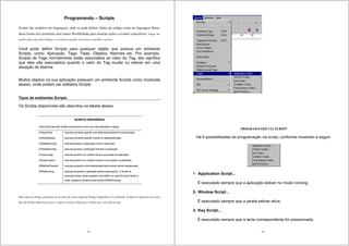 73
Programando – Scripts
Scripts são módulos em linguagem, onde se pode definir linhas de código como na linguagem Basic,
desta forma eles permitem uma maior flexibilidade para associar ações a eventos específicos. Scripts são
usados para criar ações lógicas e executá-las quando um evento específico ocorrer.
Você pode definir Scripts para qualquer objeto que possua um ambiente
Scripts, como: Aplicação, Tags, Telas, Objetos, Alarmes etc. Por exemplo,
Scripts de Tags normalmente estão associados ao valor do Tag, isto significa
que eles são executados quando o valor do Tag mudar ou estiver em uma
situação de Alarme.
Muitos objetos na sua aplicação possuem um ambiente Scripts como mostrada
abaixo, onde podem ser editados Scripts
Tipos de ambientes Scripts
Os Scripts disponíveis são descritos na tabela abaixo
SCRIPTS DISPONÍVEIS
Você pode associar Scripts executando-os em uma das situações a seguir:
OnKeyPress executa somente quando uma determinada tecla for pressionada
OnKeyRelease executa somente quando a tecla for despressionada.
OnStartRunning executa quando a aplicação iniciar a execução.
OnStopRunning executa quando a aplicação terminar a execução.
OnUserLogin executa quando um usuário inicia a sua seção na aplicação.
OnUserLogout executa quando um usuário encerra a sua seção na aplicação.
WhileKeyPressed executa enquanto uma determinada tecla estiver sendo pressionada.
WhileRunning executa enquanto a aplicação estiver executando. O Script irá
executar tantas vezes quantas você definir na caixa de texto Rodar a
cada: (aparece somente para Scripts WhileRunning)
Para criar um Script, pressione vá na barra de menu Special/String/Application. O ambiente Scripts irá aparecer com uma
lista de Scripts disponíveis para o objeto corrente. Selecione o Script que você deseja criar
74
PROGRAMANDO VIA SCRIPT
Há 6 possibilidades de programação via script, conforme mostrado a seguir:
1- Application Script...
É executado sempre que a aplicação estiver no modo running;
2- Window Script...
É executado sempre que a janela estiver ativa;
3- Key Script...
É executado sempre que a tecla correspondente for pressionada;
 