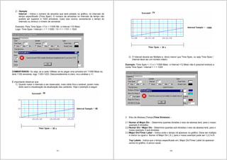 107
2 – Sample
Interval – Indica o número de amostra que será plotado no gráfico, no intervalo de
tempo especificado (Time Span). O número de amostras no intervalo de tempo não
poderá ser superior a 1024 amostras. Caso isso ocorra, aumenta-se o tempo do
intervalo ou diminui o nímero de amostras
Exemplo: Para Time Span =11s = 11000 Ms e Interval =10 Msec
Logo: Time Span / Interval + 1 = 11000 / 10 +1 = 1101 > 1024
COMENTÁRIOS: Ou seja, se a cada 10Msec se eu pegar uma amostra em 11000 Msec eu
terei 1100 amostras, logo 1100>1023. Desconsiderando é claro, na a análise o +1.
È importante observar que:
1) Quanto maior o intervalo a ser observado, mais nitido fica a variável, porém mais
lento será a visualização da atualização das variáveis. Veja o exemplo a seguir:
108
2) O Interval deverá ser Múltiplo e óbvio menor que Time Span, ou seja Time Span /
Interval deve ser um número inteiro.
Exemplo: Time Span = 11 s = 11000 Msec e Interval =12 Msec não é possível embora a
conta Time Span / Interval + 1 < 1024
2 Eixo da Absissa (Tempo)Time Divisions –
2.1 Numer of Major Div – Determina quantas divisões o eixo da absissa terá, para o nosso
exemplo 6 divisões;
2.2 Numer Div / Major Div - Determina quantas sub-divisões o eixo da absissa terá, para o
nosso exemplo 3 sub-divisões;
2.3 Major Div/Timer Label – Indica onde o tempo irá aparecer no gráfico. Deve ser múltiplo
e menor ou igual a Numer of Major Div ( 6 ), para o nosso exemplo pode ser 1,2,3 e 6.
Top Labels - Indica que o tempo especificado em Major Div/Timer Label irá aparecer
acima no gráfico, é pouco usual.
 