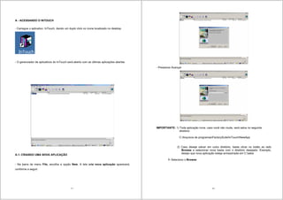 11
A - ACESSANDO O INTOUCH
- Carregue o aplicativo InTouch, dando um duplo click no ícone localizado no desktop
- O gerenciador de aplicativos do InTouch será aberto com as últimas aplicações abertas
A.1- CRIANDO UMA NOVA APLICAÇÃO
- Na barra de menu File, escolha a opção New, A tela cria nova aplicação aparecerá,
conforme a seguir:
12
- Pressione Avançar
IMPORTANTE: 1) Toda aplicação nova, caso você não mude, será salva no seguinte
diretório:
C:Arquivos de programasFactorySuiteInTouchNewApp
2) Caso deseje salvar em outro diretório, basta clicar no botão ao lado
Browse e selecionar nova basta com o diretório desejado. Exemplo,
desejo que nova aplicação esteja armazenada em C:seba
1- Seleciono o Browse
 