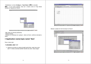 159
- Estabelecer, no menu Configure, o Topic Name = abc no simulate.
abc = É um nome qualquer, deve ser o mesmo nome no Topic Name
utilizado na Tagname do Intouch.
- Não mexer nos demais parâmetros.
- Deixá-lo ativado.
- Escrever os endereços em qualquer célula do Excel, conforme descrição a
seguir:
= Application name| topic name! ‘Item’
Para o nosso caso:
= simulate | abc ! L1
Observar que todos os valores já estão sendo lidos, neste caso como
start = 0; todos os demais também deverão ser zeros. Veja a seguir:
160
- Montar o projeto do nível do tanque no Intouch.
 