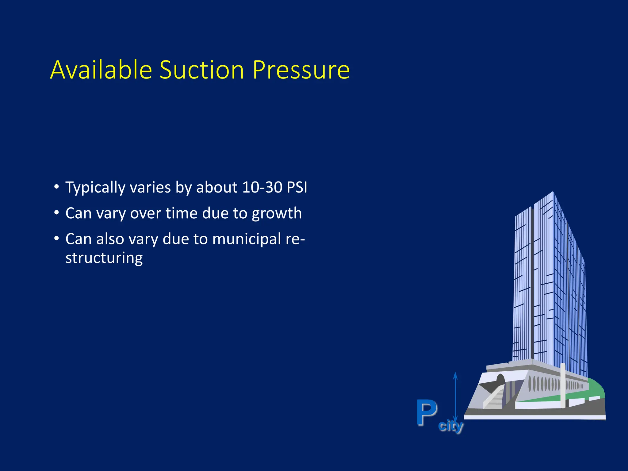 Available Suction Pressure
• Typically varies by about 10-30 PSI
• Can vary over time due to growth
• Can also vary due to municipal re-
structuring
Pcity
 